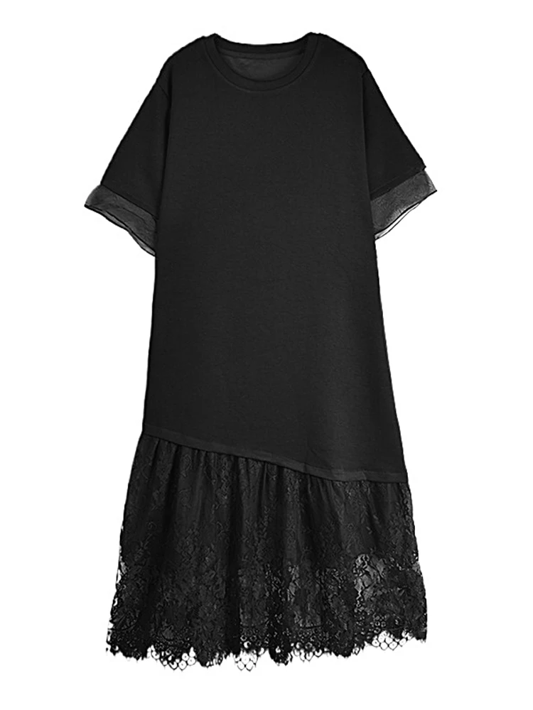 XITAO Black Casual Dress Loose Fashion Lace Patchwork Hem Loose Simplicity Women Short Sleeve Dress 2024 Summer New HQQ2330