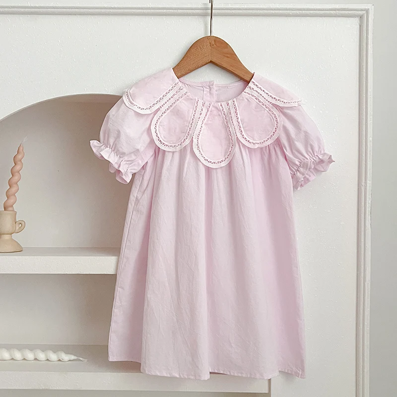 2024 New Summer Kids Princess Dresses Short Sleeved Cotton Solid Color Splicing Infant Baby Romper Baby Girl Party Dress