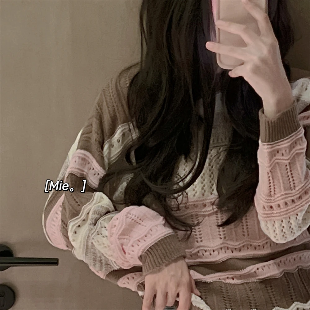 

Laid-ba Sle Высококачественный полосатый ажурный лоскутный трикотаж Svel round Ne Long Sve Regular Thin Autumn Win...