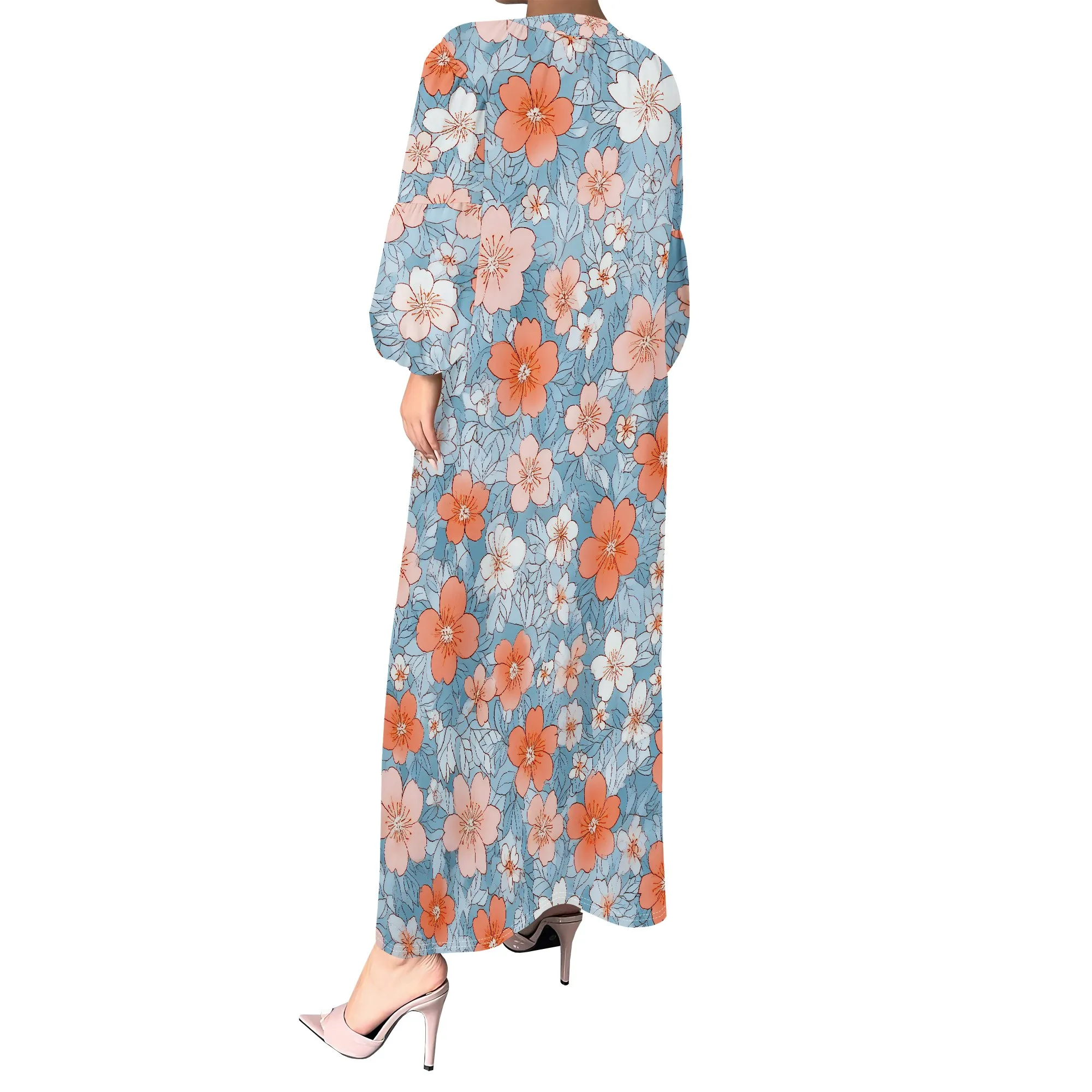 Vestido midi feminino verão boho floral manga comprida com decote em V casual solto colorido vestido de férias na praia com bolsos