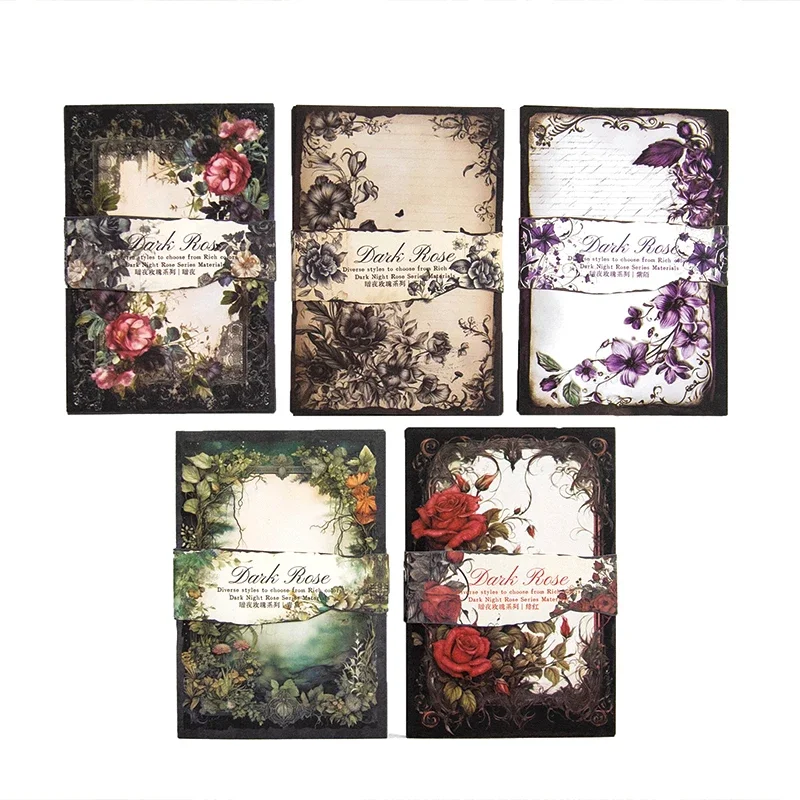 30Sheets Material Paper Dark Night Rose Handwriting Flower Material Decoration Base Writing Notebooks Scrapbook 175*100MM