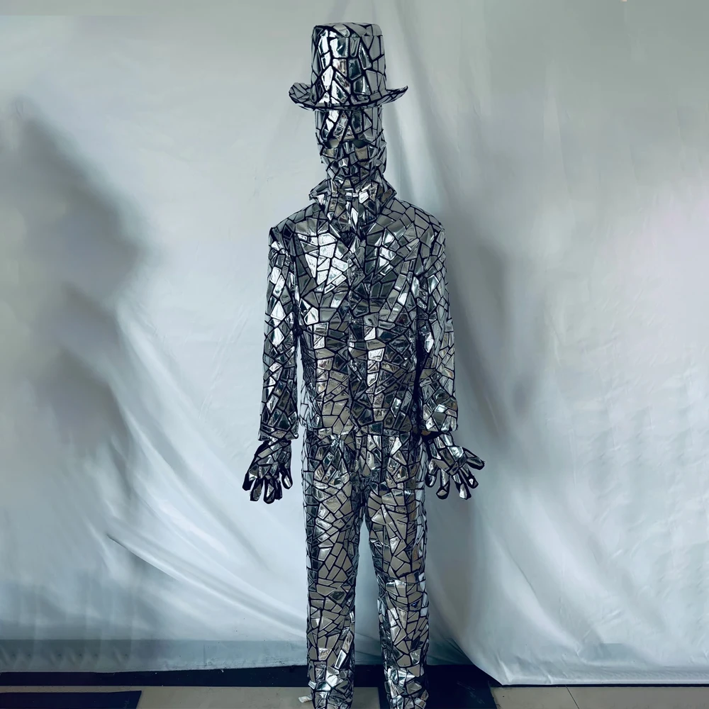 Metaliczny Niebieski Srebrny Czerwony Złoty Fioletowy Symiliar Lustrzany Materiał Taneczny Robot Kostium Kostiumy Pokaz sceniczny DJ Odzież do tańca