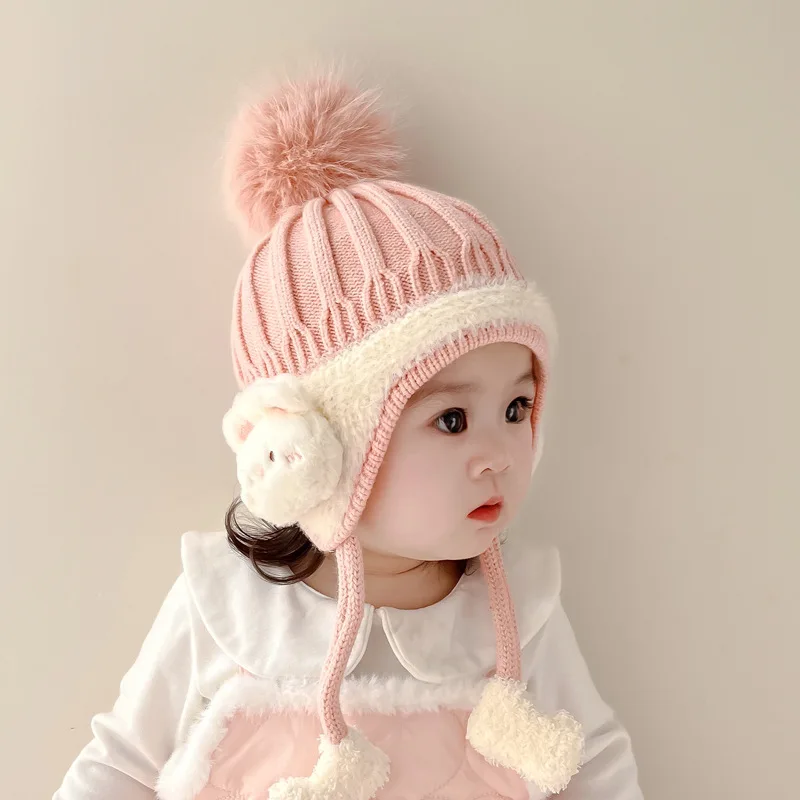 

Cute Animal Baby Earmuffs Cap Winter Warm Ear Protection Hat Velvet Lining Kids Beanie Plush Ball Children Woolen Knit Hats 1-3Y