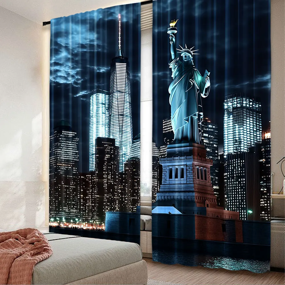 

2Pcs Statue Of Liberty Curtain New York City Skyscraper Urban Night Scene Skyline Cityscape Landmark Home Decor Nyc Party