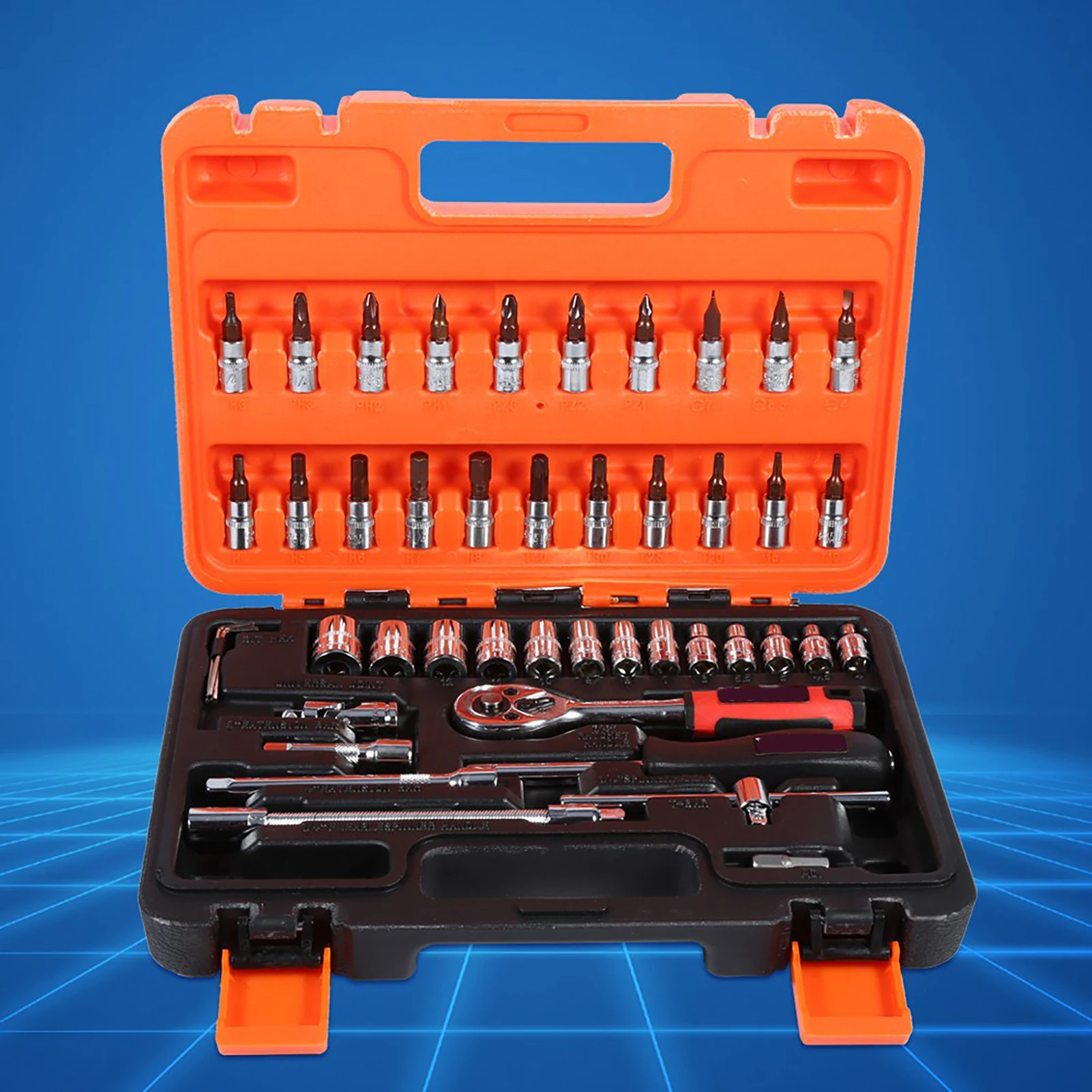 Set Kunci Soket 46 pcs 1/4 inci dengan Batang Ekstensi Metrik, Kotak, dan Ratchet