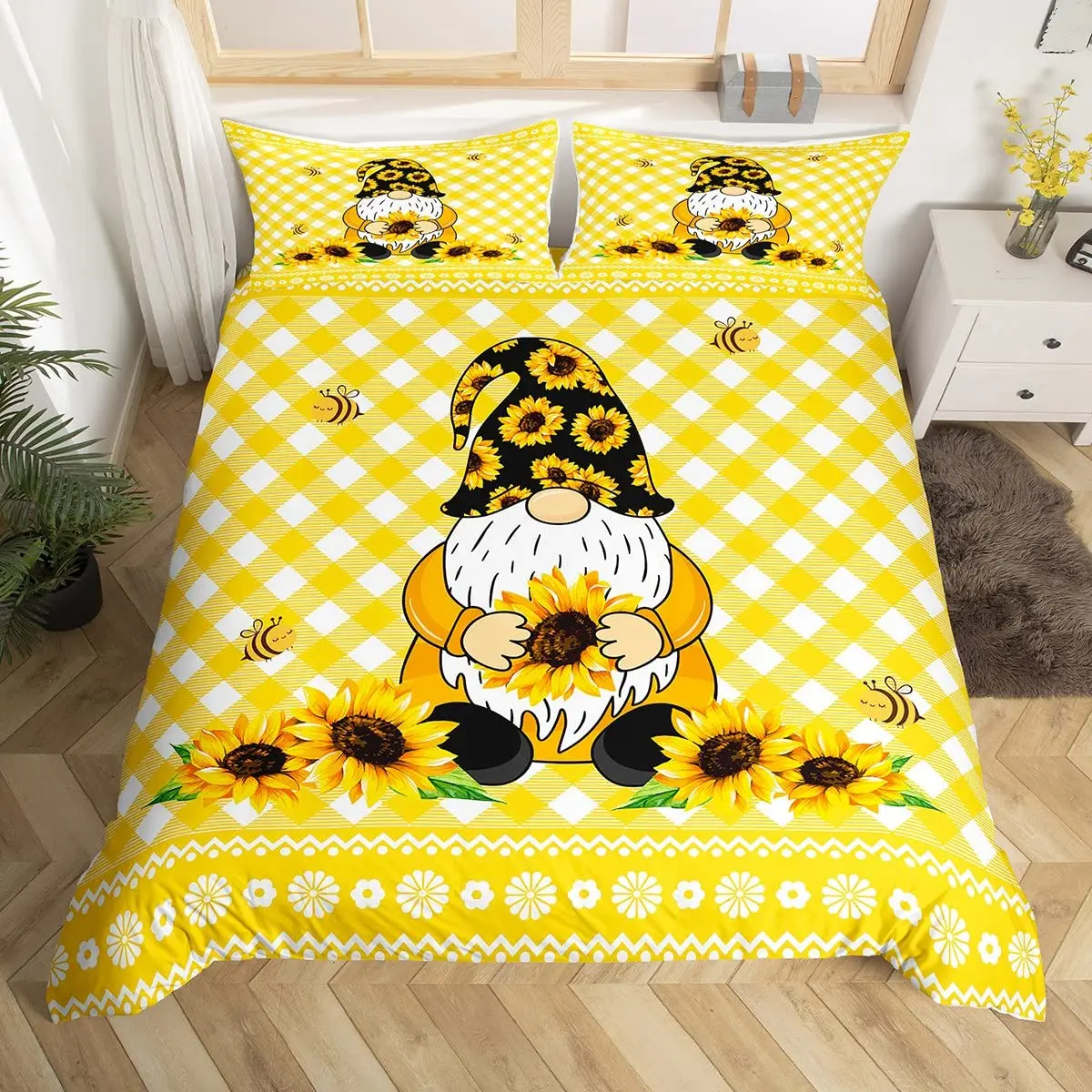 Cartoon Gnome Sunflower Duvet Cover King Queen Lovely Dwarf Flowers Bedding Set Yellow Floral Comforter Cover with 2 Pillowcase