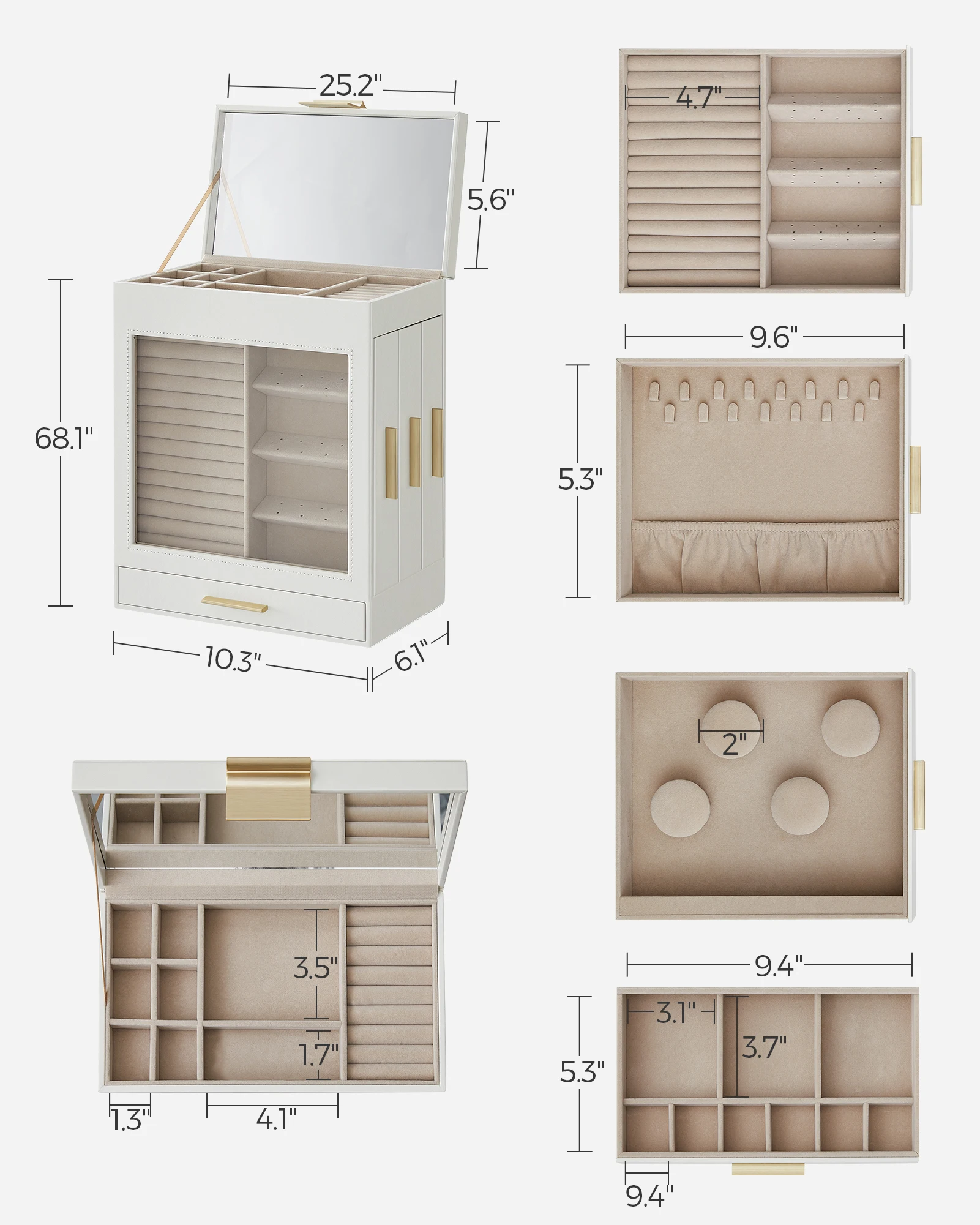 5-Layer Jewelry Organizer with 3 Side Drawers Jewelry Storage with Vertical Storage Space Jewelry Box with Glass Window