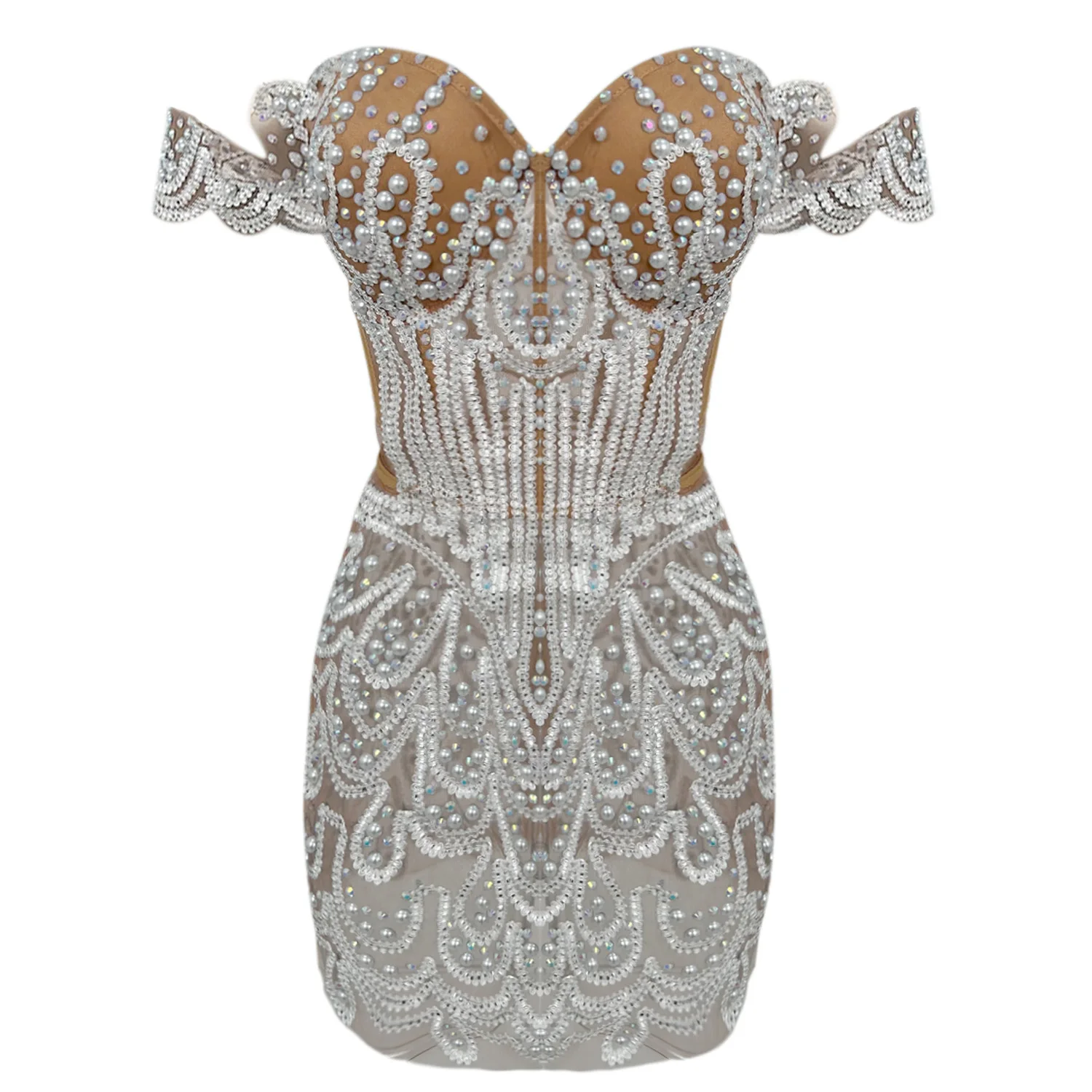 

Sexy off Shoulder Sleeves Evening Gown Pearl Perspective Mesh Tight Corset Short Skirt Wedding Banquet Party Gown lurong