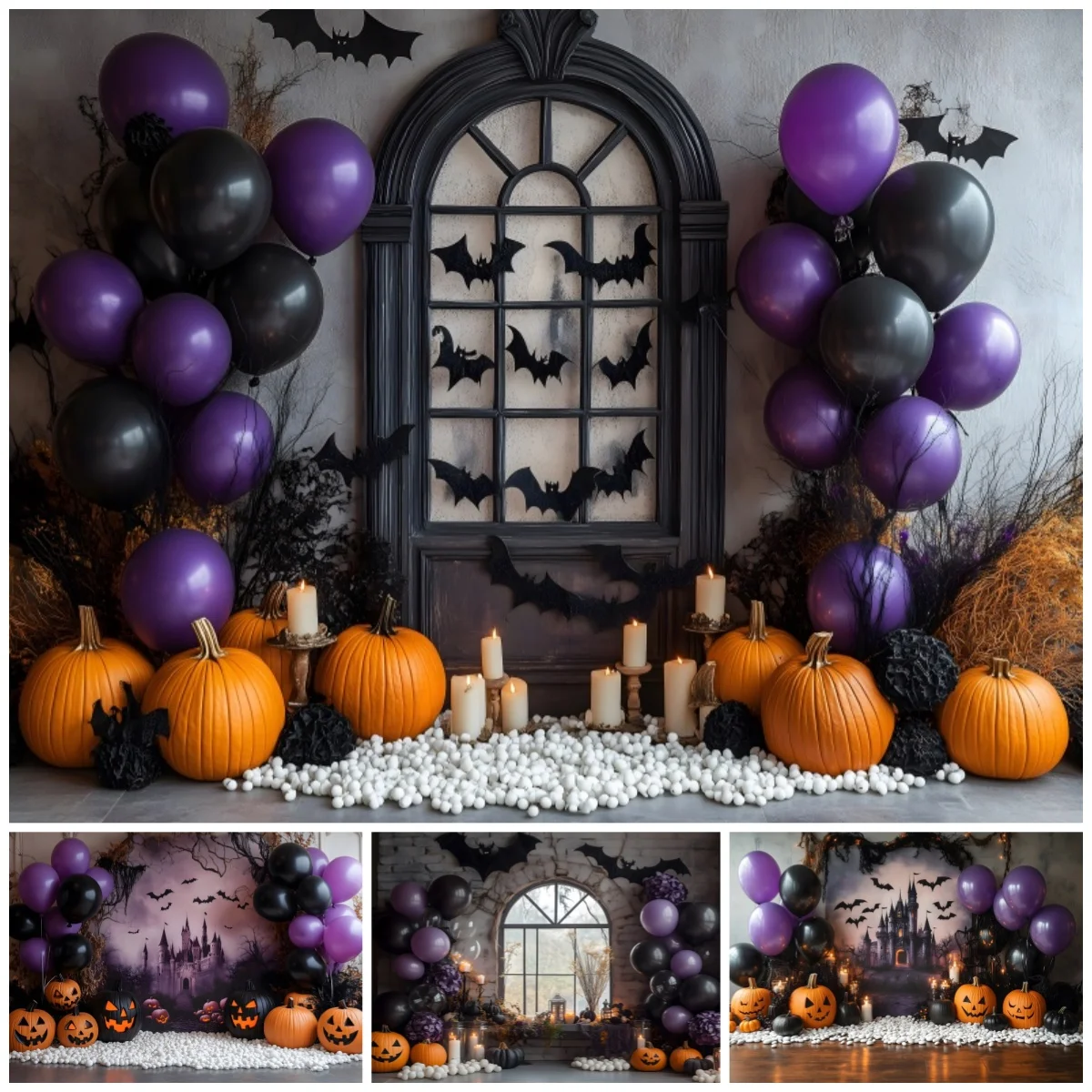 Halloween Party Photography Backdrop Purple Black Balloon Arch Pumpkin Candle Gothic Window Decor Studio Photo Background Props
