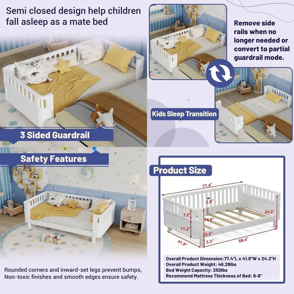 

White Twin Kids Bed with Detachable Safety Rails and Rounded Corners