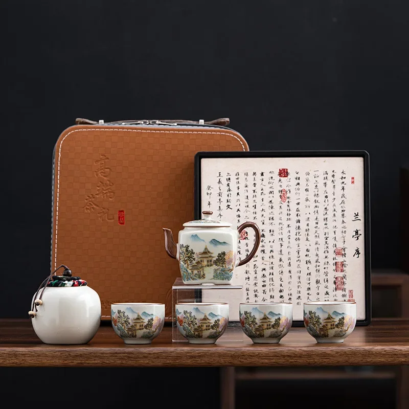 Colorful Camping Tea Ceremony Ru Kiln Hand-held Pot Household Light Luxury High-end Teapot Covered Bowl Tea Cup Ceramic Gift Box