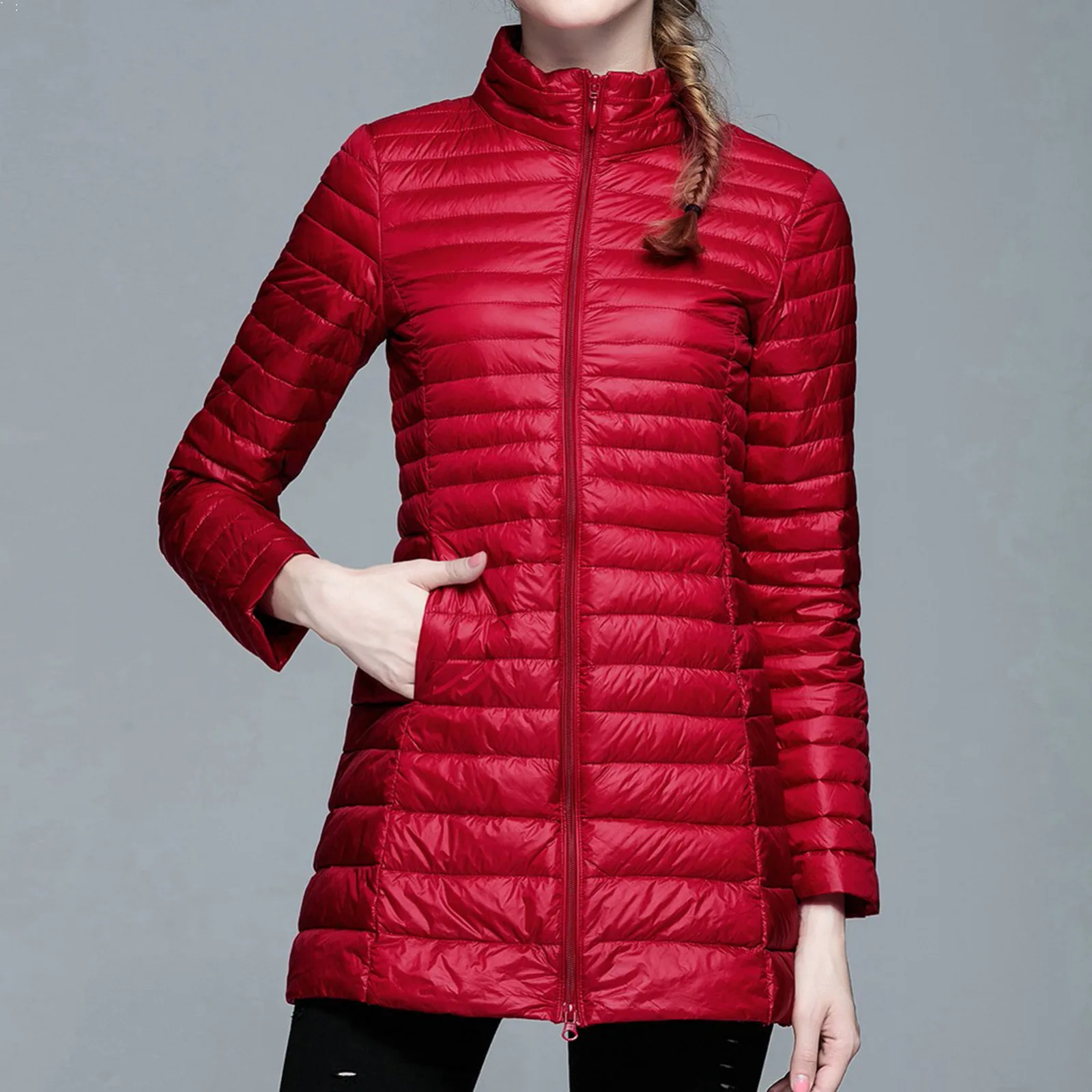 Jaquetas femininas puffer com gola de suporte, casacos casuais de manga comprida, monocromáticos, extrafina, plus size, feminina, novo, 2024