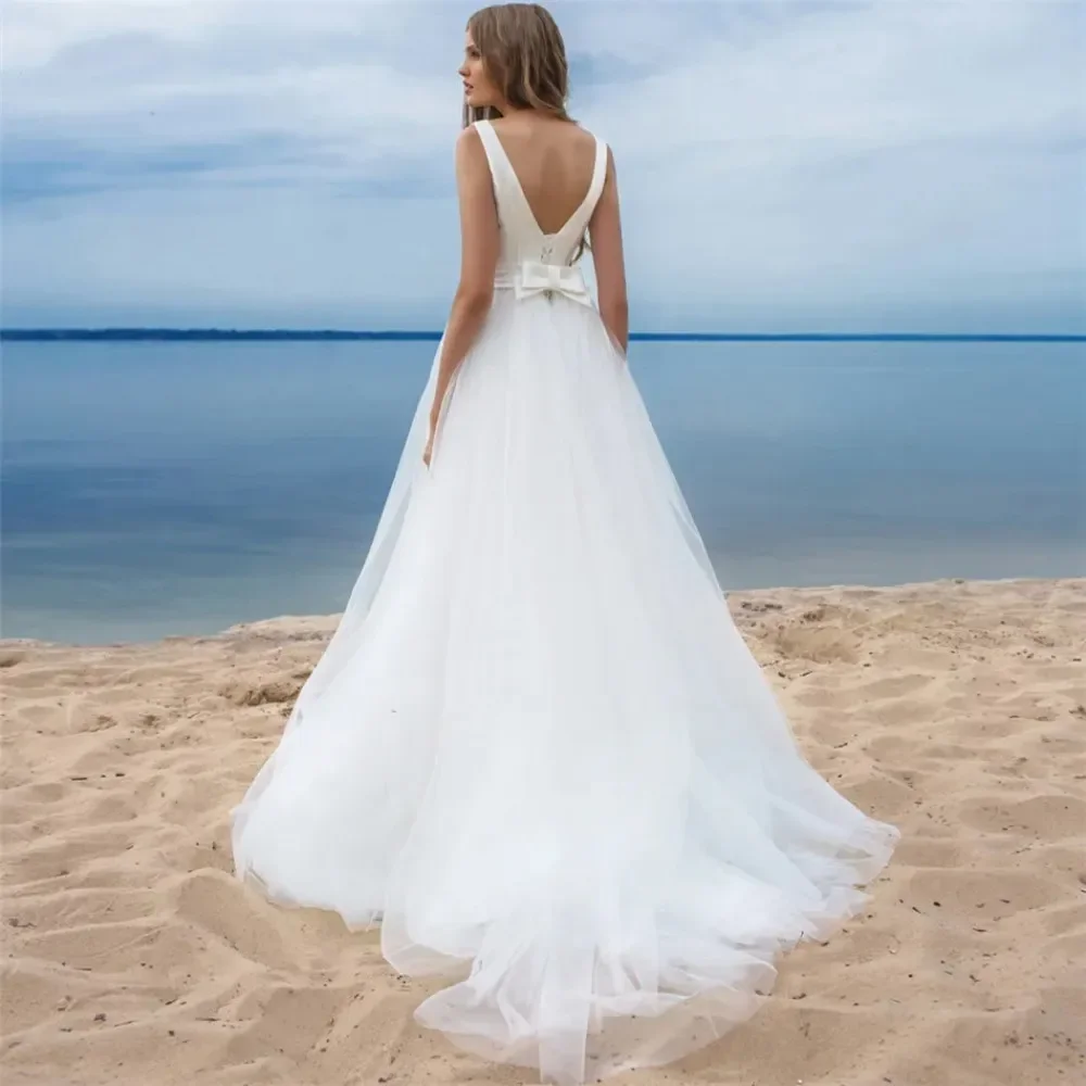 Robe de mariée bohème sans manches à col rond en tulle, robe de mariée formelle, dos en V avec nœud, plage simple, sexy, personnalisé, nouveau