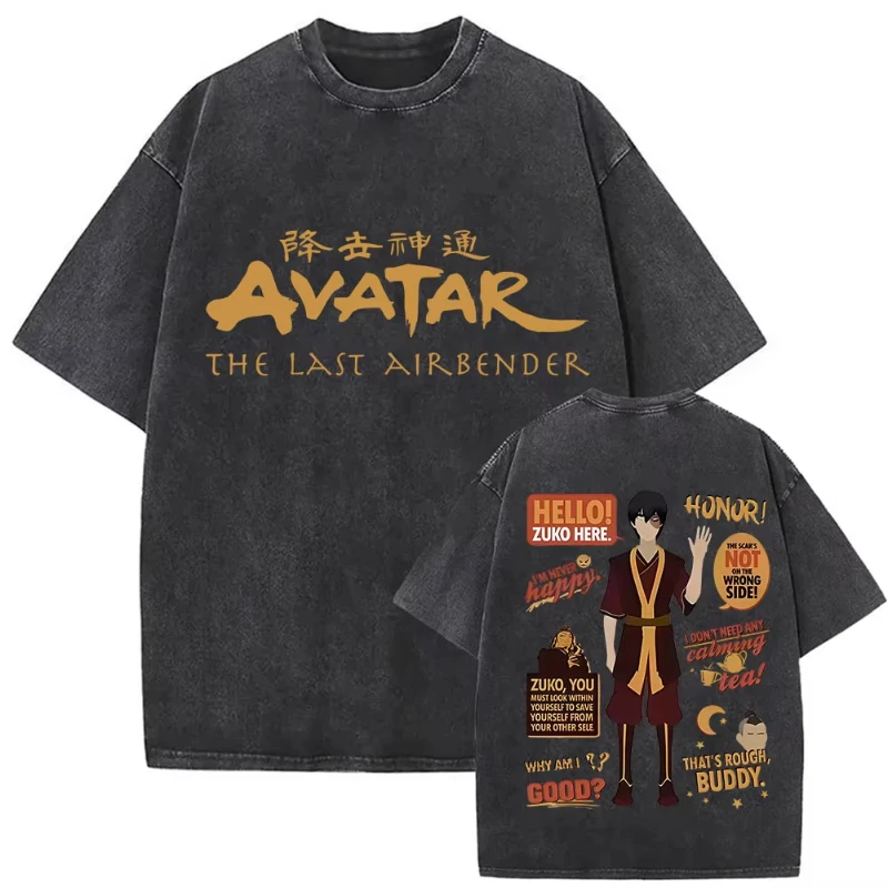تي شيرت كلاسيكي مغسول الصورة الرمزية آخر Airbender جرافيك طباعة تي شيرت الرجال النساء جودة عالية Harajuku الصيف 100% القطن قمم تي شيرت