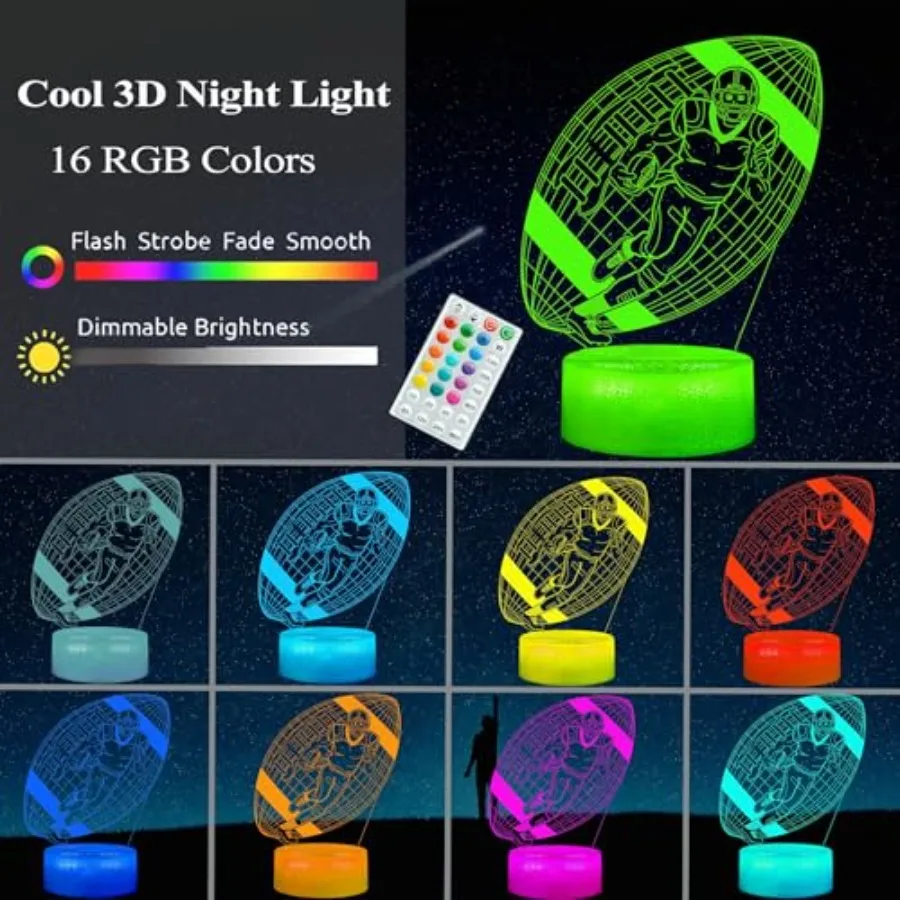 Football Night Light, Football Gifts for Boy, 3D Night Light with Remote Control, RGB s, 4 Flashing Modes, Timer, Dimmable, Roo