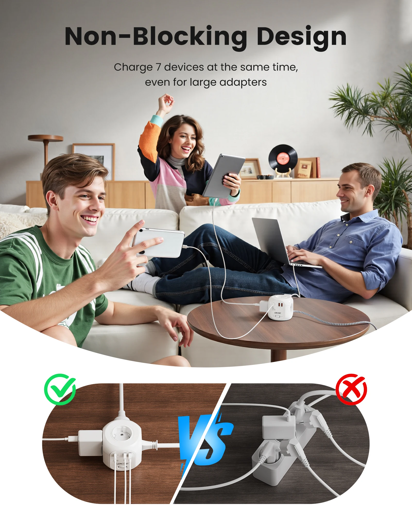 LENCENT Power Strip Cube with 4 AC Outlets +2 QC3.0 USB +1 PD20W Type C 2M/3M Braided Cable Multi Socket with Switch for Home