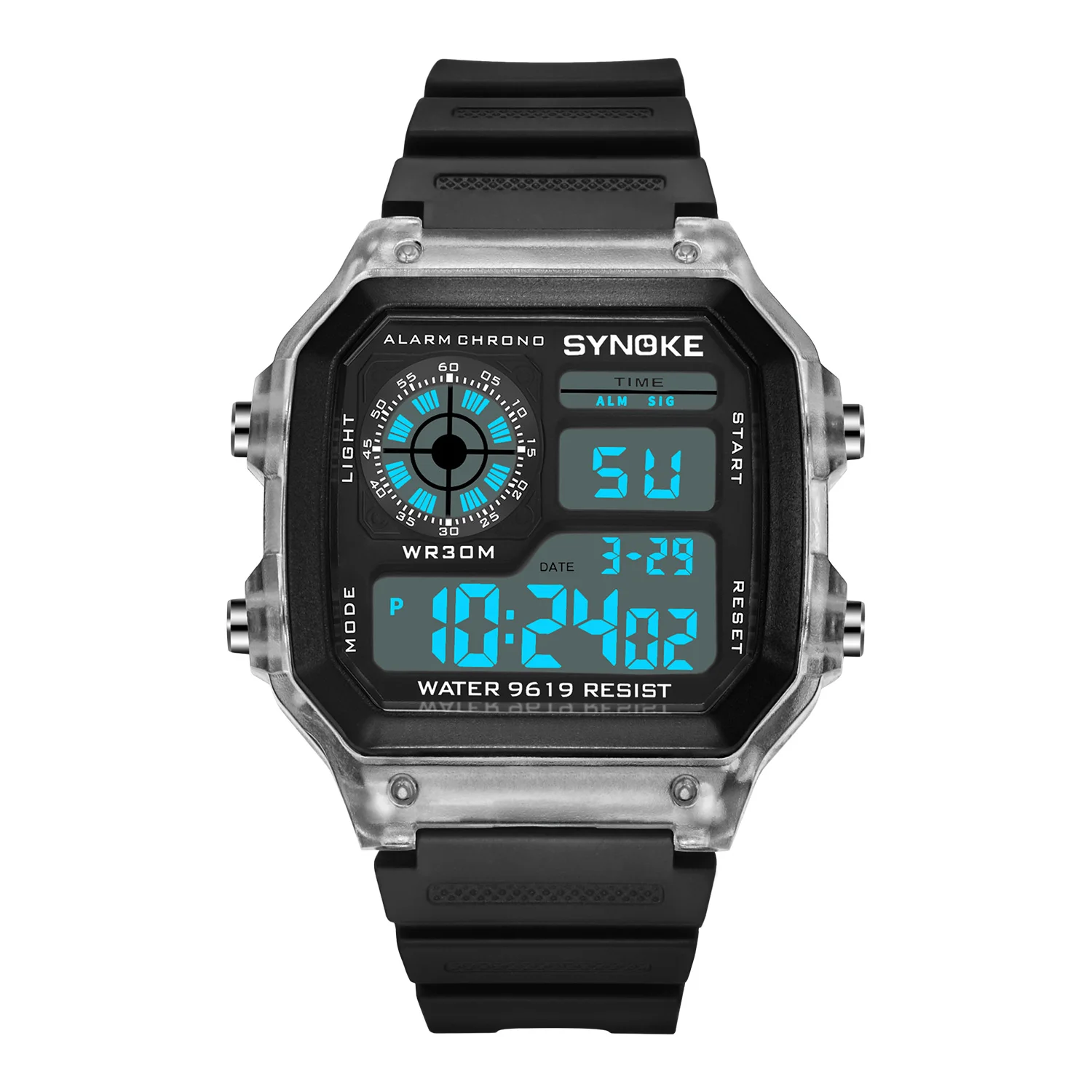 Watches For Men Waterproof Digital SNOKE 9619D Sport Watches Mens Multifunction Waterproof Transparent Case Clock Wristwatch