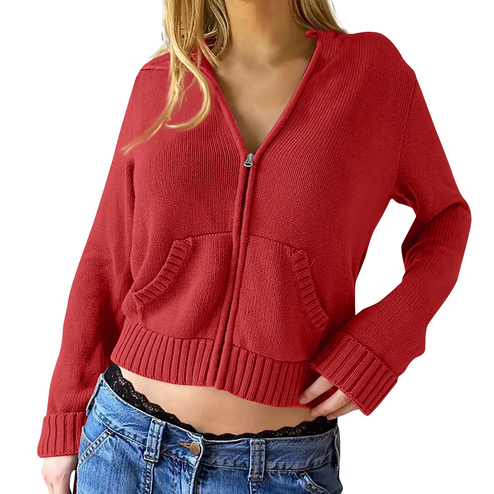 

Chic Women Slim Sweater Cardigan Knitted Zip Up Crop Hoodies Jacket Long Sleeve Drawstring Short Solid Sweatshirt пальто женское