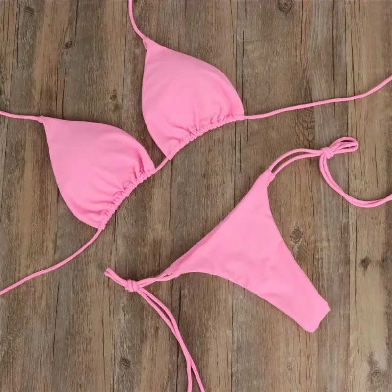 

2024 New Sexy Bikinis Set Female Bandage Swimsuit Women Solid Pink Strappy Beachwear Bathing Suit Low Waist Swimwears biquini