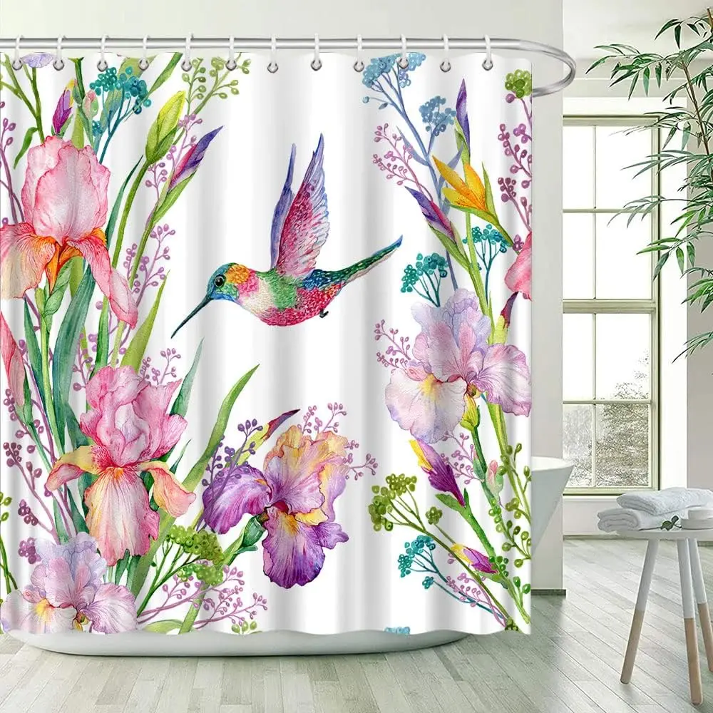 Hummingbird Floral Shower Curtain Watercolor Flower Plant Tropical Green Leaves Bird Butterfly Bathroom Decor Fabric with Hooks