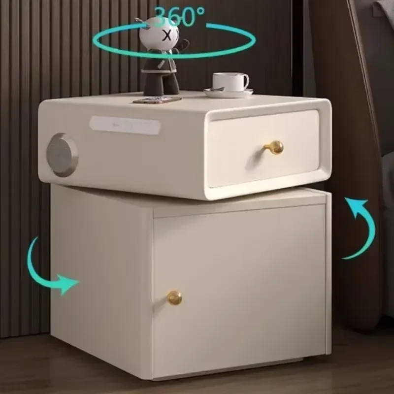 for Bedroom Solid Wood Multifunctional Rotating Cream Style Bedside Table Home Safe Intelligent Nordic Furniture
