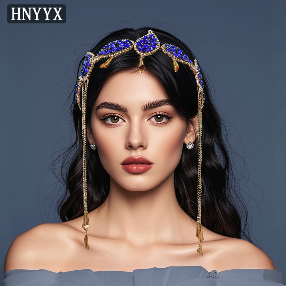 

HNYYX Blue Rhinestone Alloy Headband Dynamic Tassel Hairbands Noble Ladies Headdress Elegant Banquet Prom Hair Accessories A365