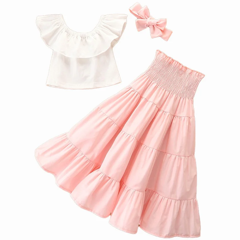 

Baby Girl Clothing Set Toddler Girls Suits 3pcs Shirt Shoulderless Skirt Long Headwear Fashion Kids Clothes Children Outfit