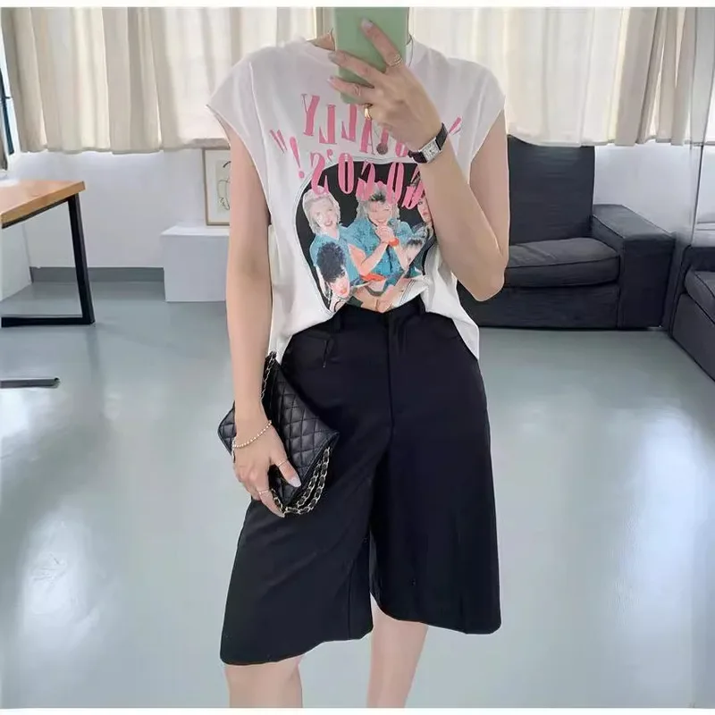 Koreańska koszulka damska Cartoon Printing Tees Loose Tank Top O-neck Pink Sleeveless Preppy Style Crop Tops Hot Selling Y2k Clothes