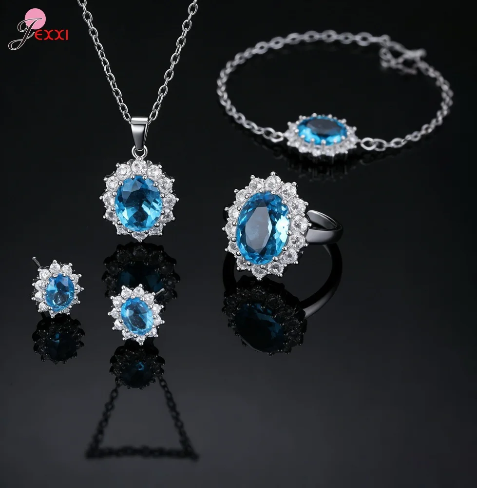 Multicolor Oval Crystal Jewelry Set 4PCS 925 Sterling Silver Necklace Earrings Ring Bracelet for Women Party Wedding Jewelry
