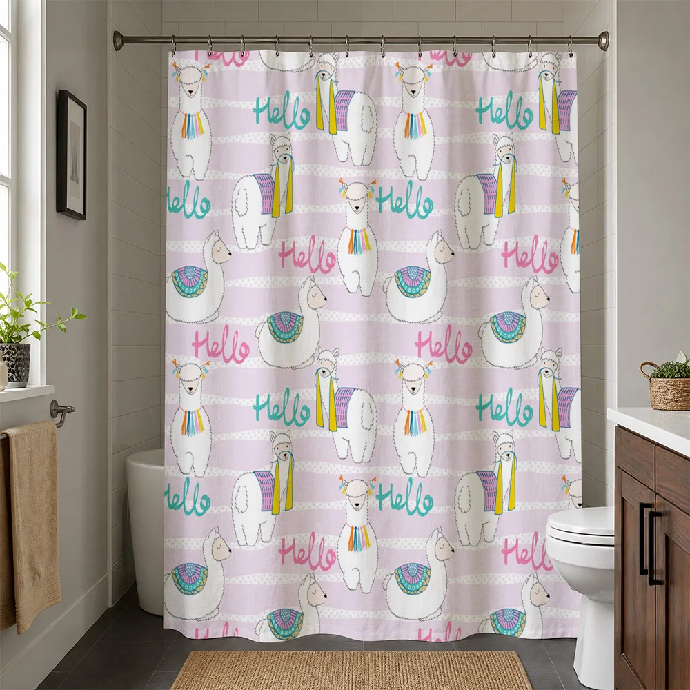 Waterproof Cute Alpaca Llama Shower Curtain Bath Liner Cartoon Animal Print Decor Whimsical Nursery Bathroom Home Accessories