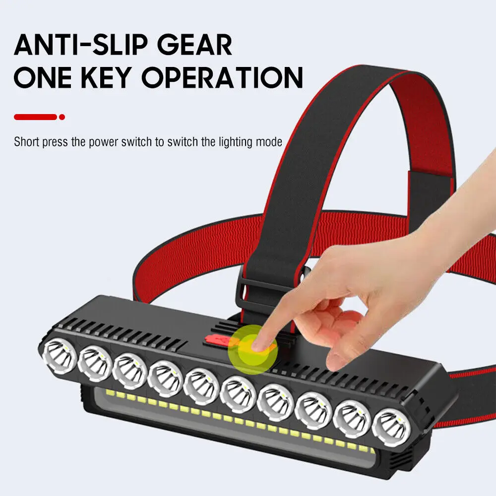 COB 10LED Headlamp Rechargeable Headlight Torch Work Light Bar Head Band Lamp US