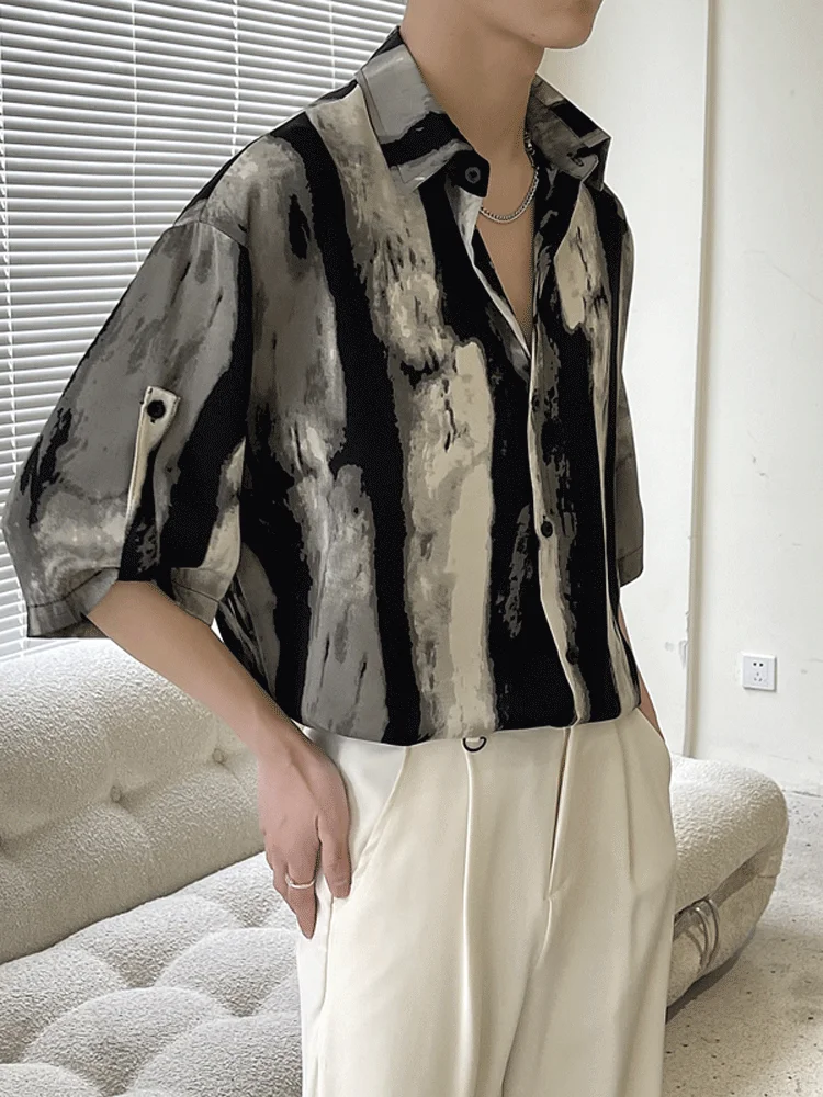 

Summer Ice Silk Thin ort Sve irt Men's Trendy Design High-End Feeling Seven-Arm Men's Faionable Stand Fit Button-Up
