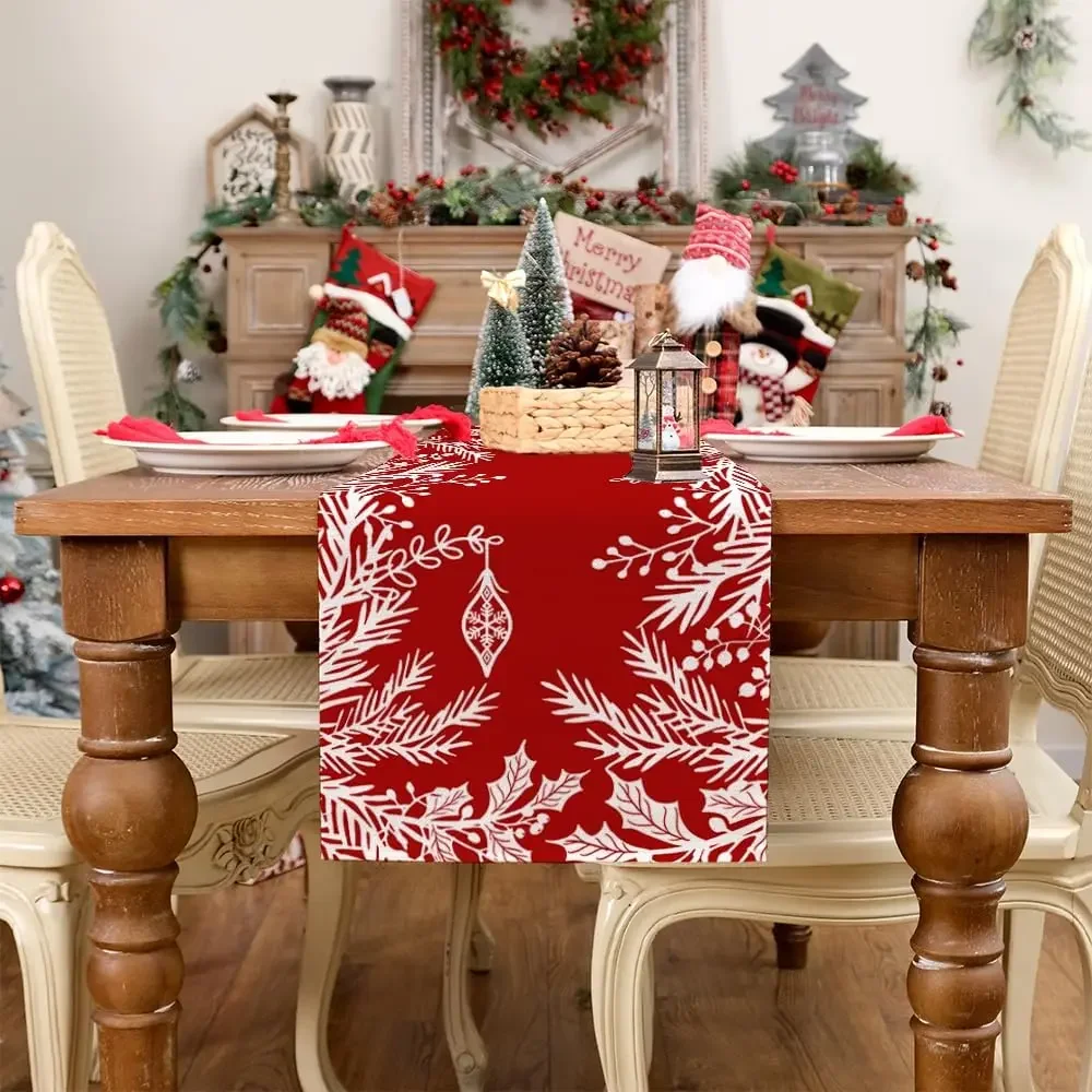 1Pc Christmas Style Table Runner Red White Pine Branches And Berries Print Table Cover For Dining Table Kitchen Desk Holiday Par