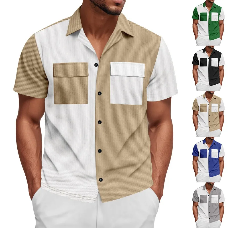 Men Color Block Corduroy Short Sleeve Shirt Casual Patch Pocket Button Down Summer Workwear Top