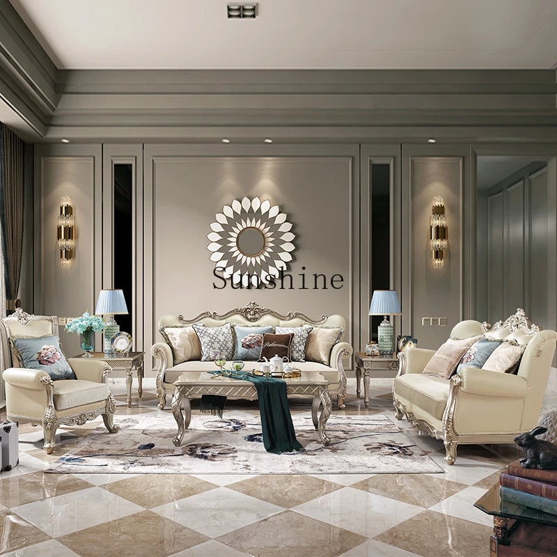 

Европейский кожаный диван, комбинация массива дерева, простая европейская мебель для гостиной, роскошная маленькая квартира