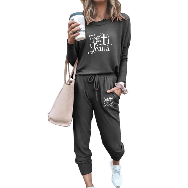 2022 Spring Autumn Women Tracksuit Set Jesus Christ Printing Shrink-sleeved Sports Jogging Suit Solid Color Casual Loose