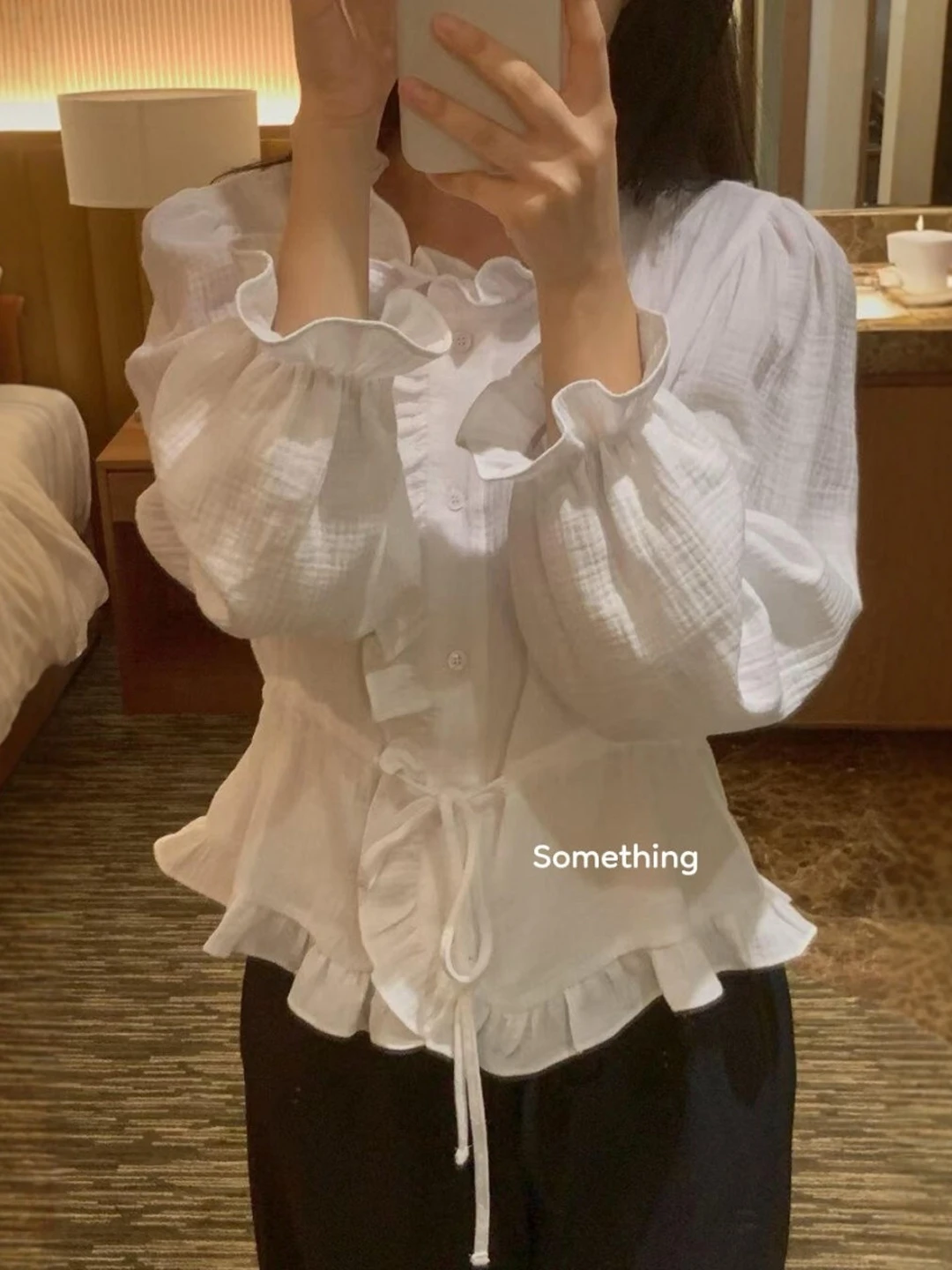 

Sweet Sle Dstring Waist irt Women's Spring Faion Textured Pleated Unique Beautiful Top White Casual Long Sve irt