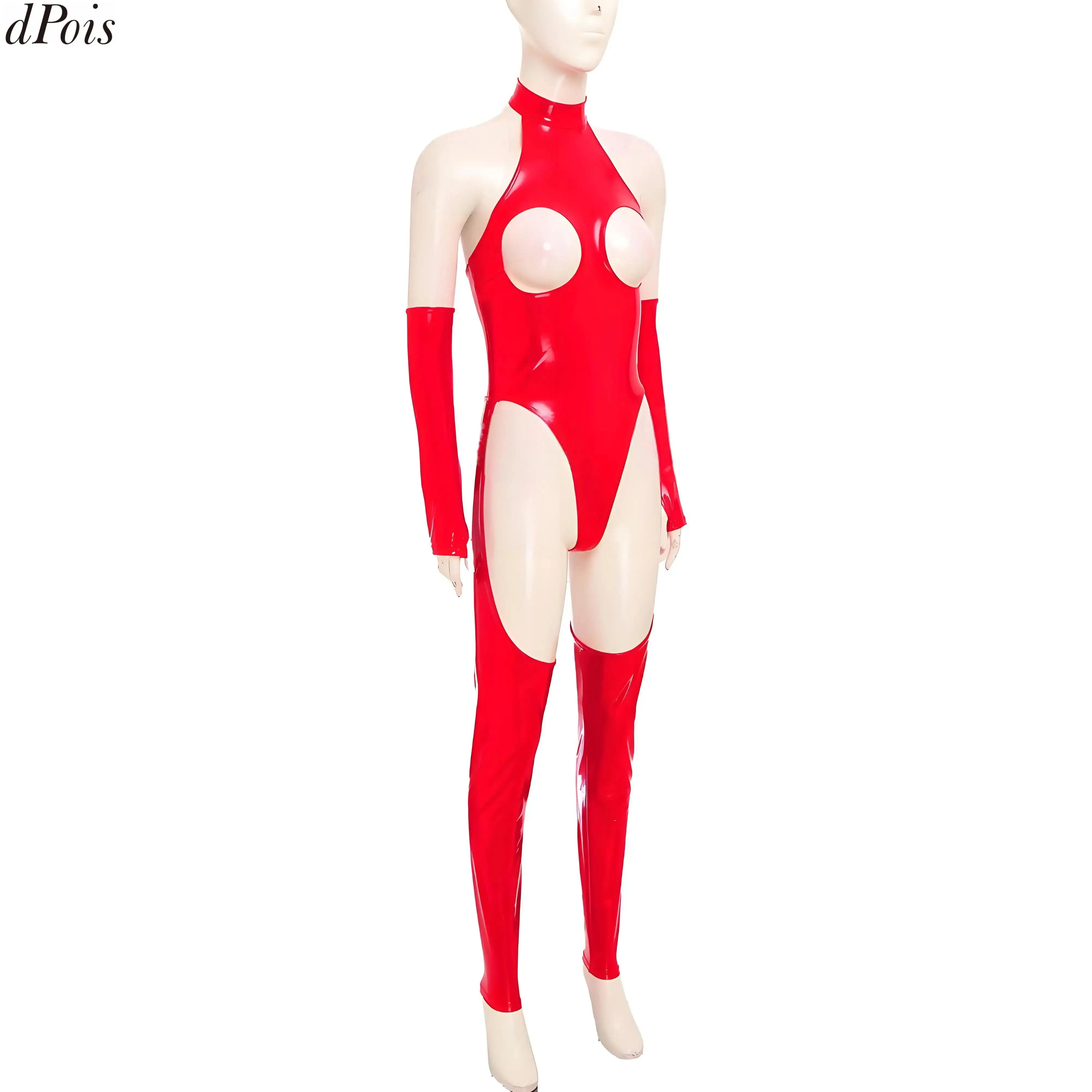

Women Lingerie Wet Look Latex Jumpsuit Halter Hollow Chest Backless Cutout Bodysuit with Gloves Patent Leather Pole Dan Clubwear