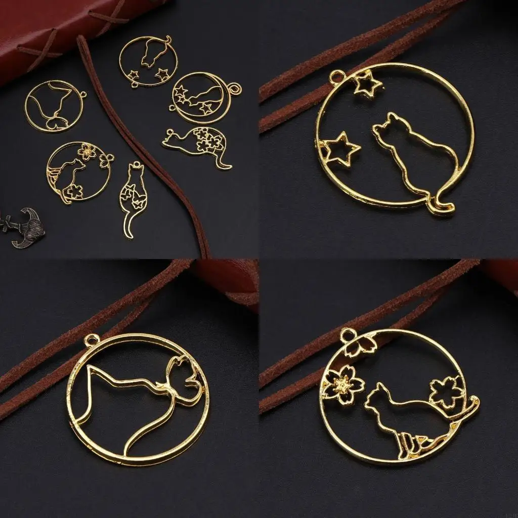 6x Metal Frame Necklace Pendant Gold Kitten for Cat Hollow Frame UV Epoxy Resin Tool for DIY Keychain Jewelry Mak