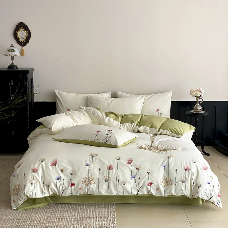 

3/4Pcs Floral Embroidery 100% Cotton Small Fresh Bedding Set Single Queen king Duvet Cover Set Flat/Fitted Bed Sheet Pillowcases