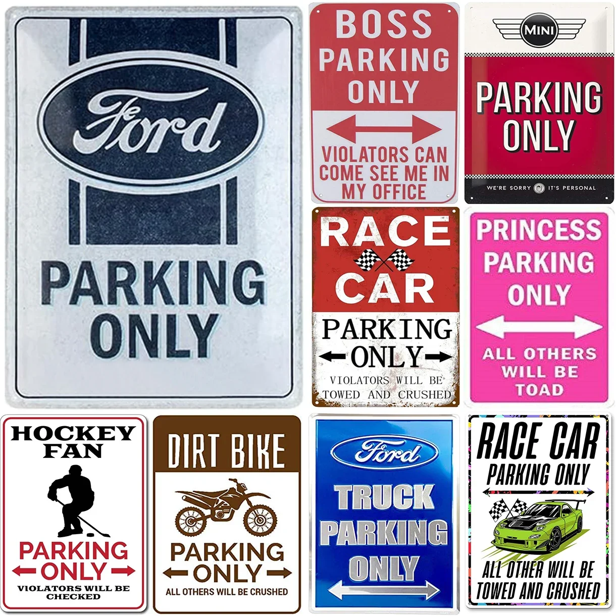 Metal Tin Signs Vintage Motorcycles Race Car Parking Only Warnning Posters for Garage Man Cave Cafe Bars Pubs Film Decoration