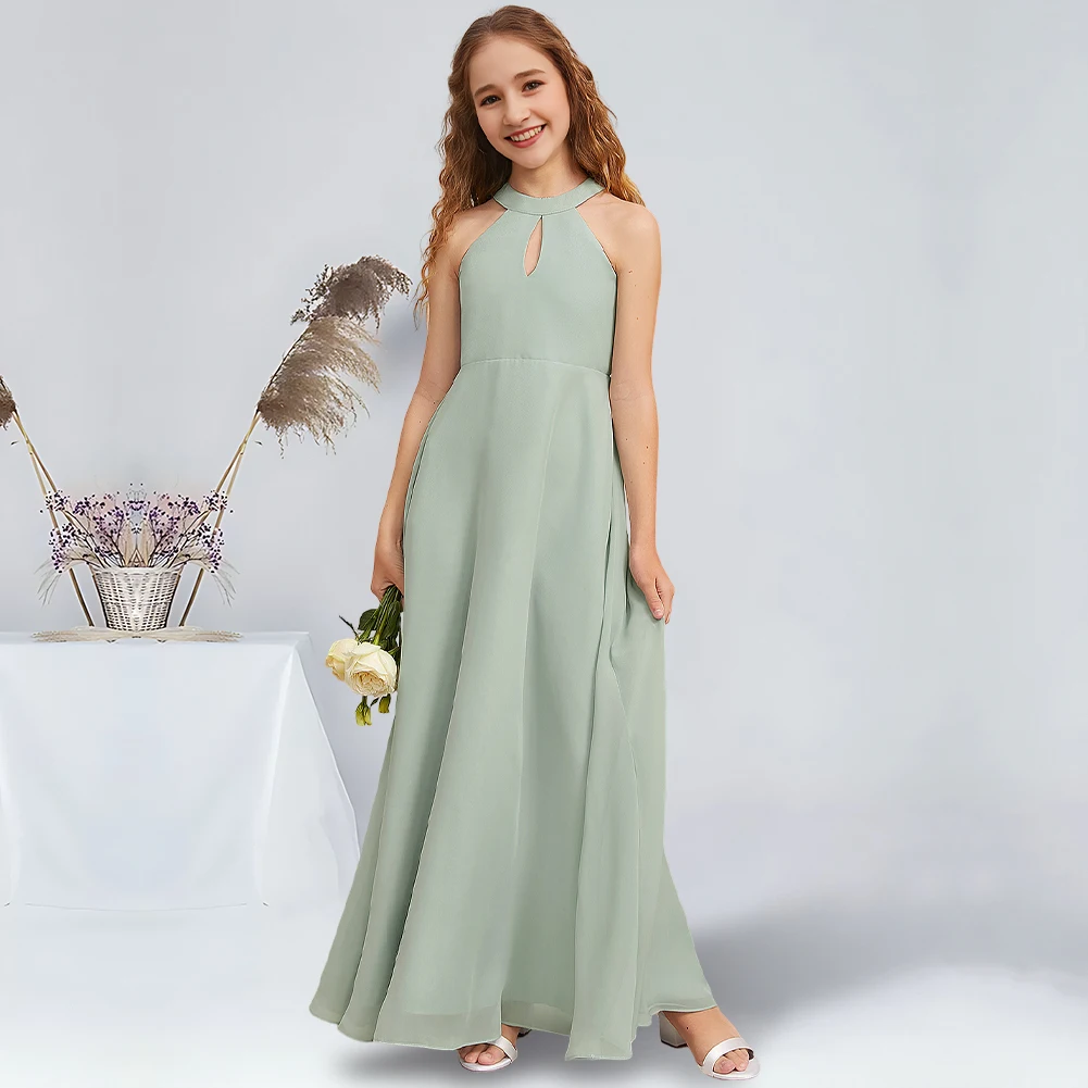 Elegant A-Line Halter Floor-Length Chiffon Junior Bridesmaid Dresses AgaveCharming Flower Girl Dresses Party Wedding Kids Dance