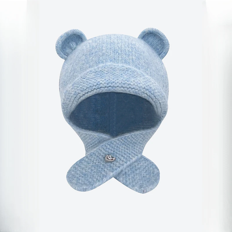 2024 New Japanese Cute Bear Ear Woolen Bomber Hat Woman Girls Autumn and Winter Warm Neck and Ear Knitted Pullover Cap