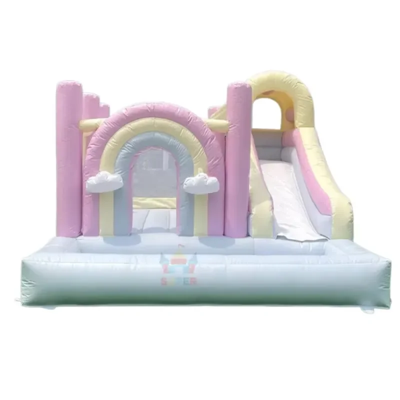 Super Castle Commercial Pastel Rainbow Inflatable Bounce House Slide 5x4M CE Certified Easy Setup PVC Blower for Rental