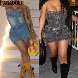 FAGADOER Vintage Fashion Denim 2 Piece Sets Woman Outfit Sleeveless Backless Crop Top + Bodycon Skirt Suit Female Streetwear New