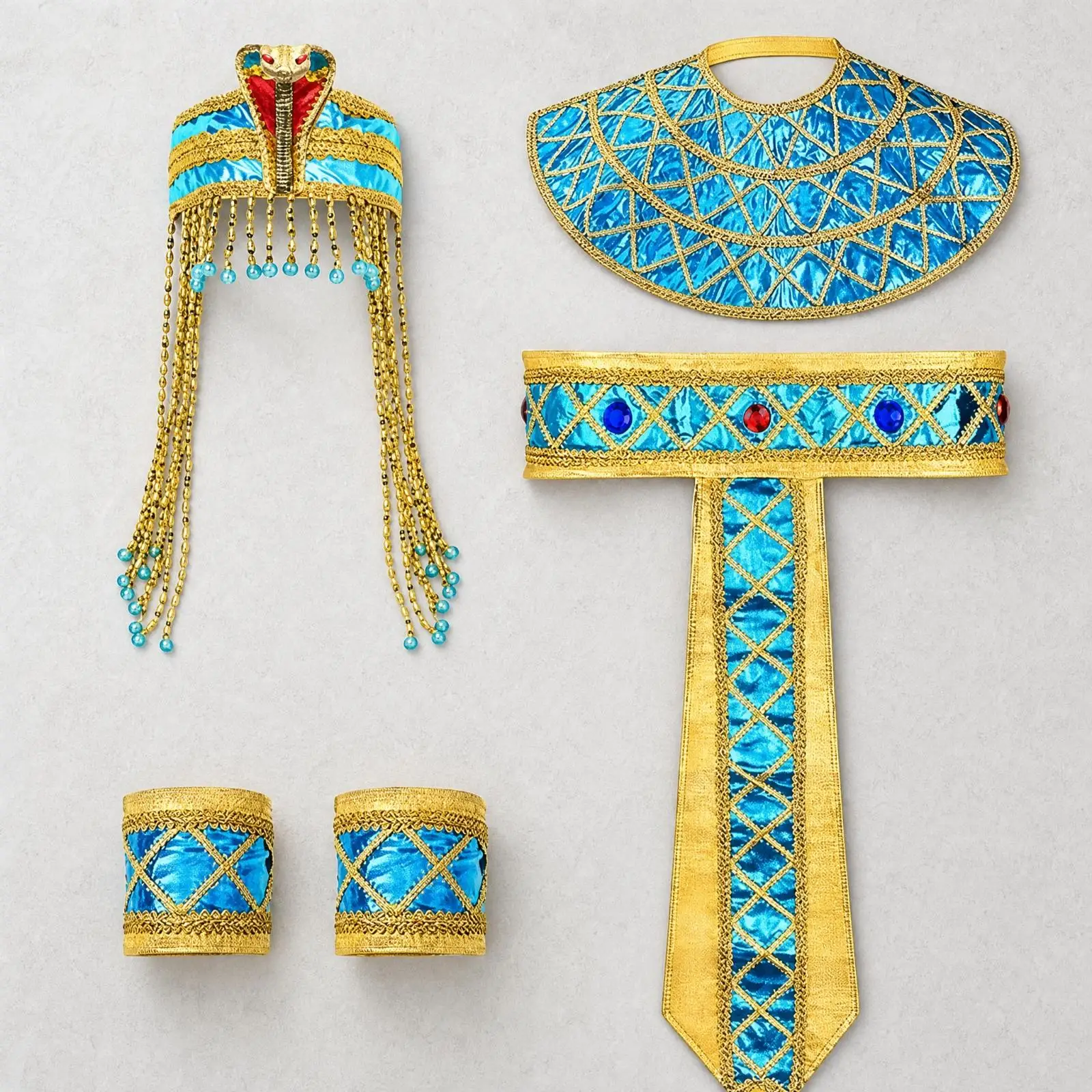 Pharaonic-Style Costume Accessory Ensemble with Geometric Patterned Blue and Gold Pharaonic Costume Accessory Kit Decorative for