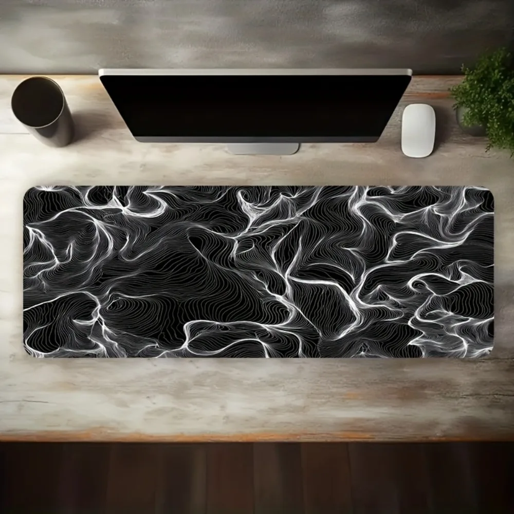 Abstract Wave Line Large Gaming Mouse Pad, Black White Desk Mat, Anti-Slip Keyboard Mat for Gamer Office