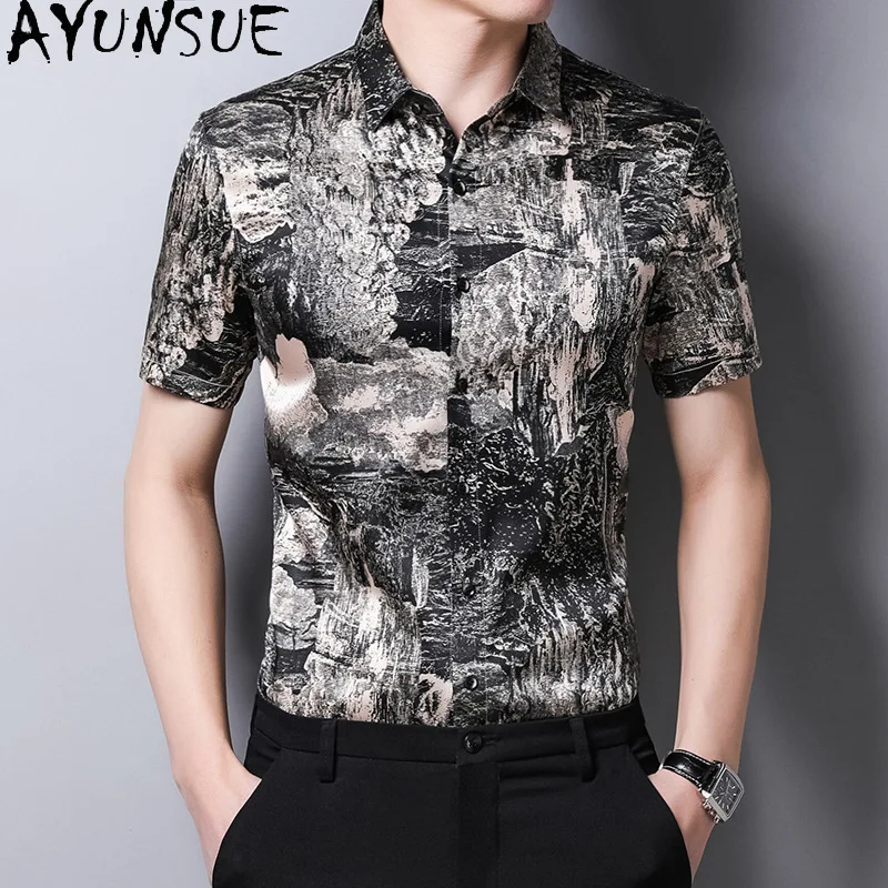 AYUNSUE 92.4% Mulberry Silk Shirt for Man Clothing 2025 Fashion Printed Short Sleeved Shirt Casual Business Summer Mens Shirts