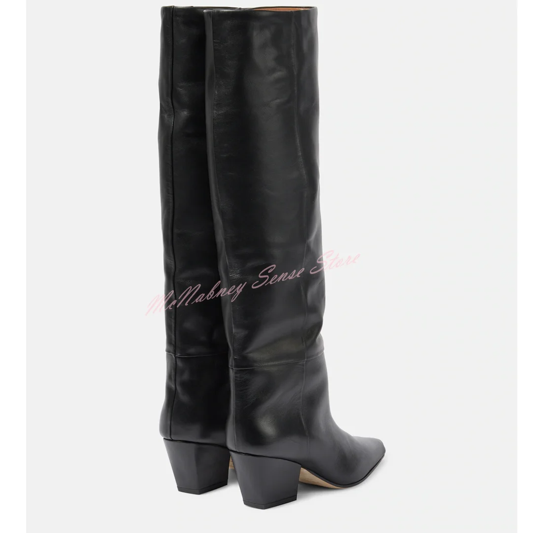 Genuine Leather Chunky Heels Boots Pointed Toe Solid Black Knee High Boots Women New Shoes Winter Party Casual Slip On Shoes
