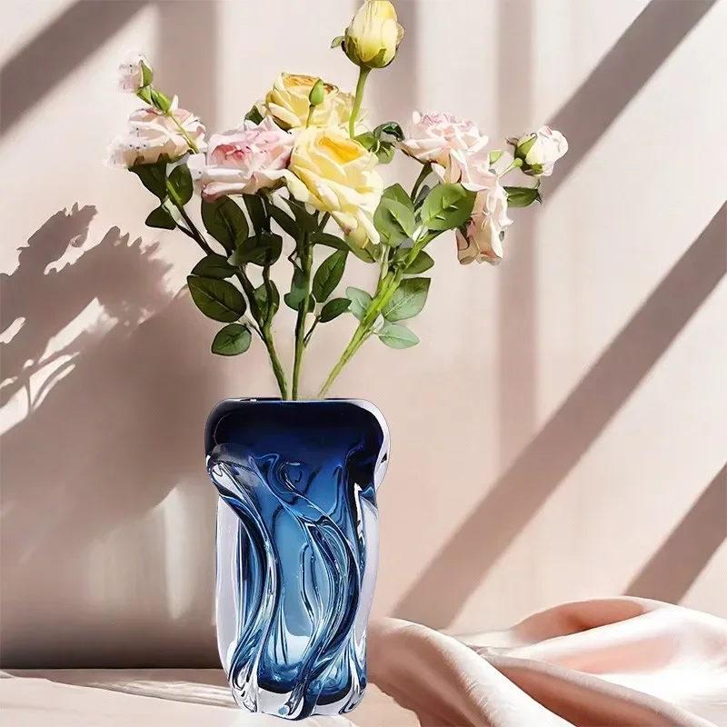 for 2026 New Light Luxury Haze Blue Handmade Glazed Vase Fruit Plate Set Creative Twist Ornament for Home Model Room Decor